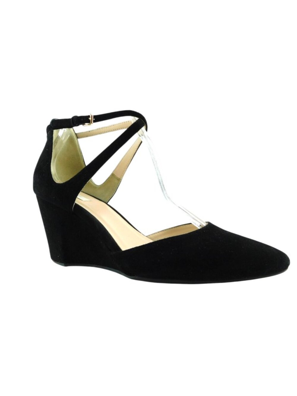 COLE HAAN Black Suede Leather Ankle Strap Wedge Heel Pumps 8